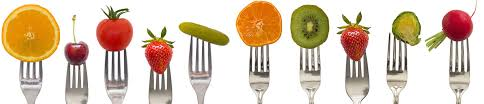 fruit on forks in a horizontal alignment